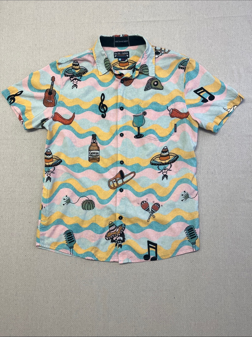 Baja Llama Fiesta Print Button Up Shirt Mens Medium Cotton Blend Camp Top